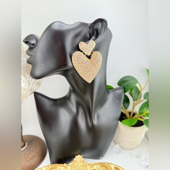 Glam Rhinestone Heart Drop Earrings | Statement Gold-Tone Dangle - Picture 5 of 10